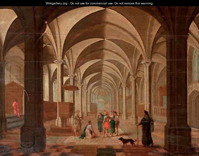 The transept of a gothic church with Christ and the Woman taken in Adultery - (after) Peeter, The Elder Neeffs