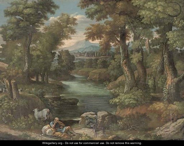 An extensive wooded river landscape with a shepherd resting on the riverbank - (after) Pieter Meulener