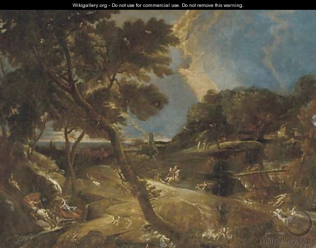 An extensive landscape with a stag hunt - (after) Pieter Meulener