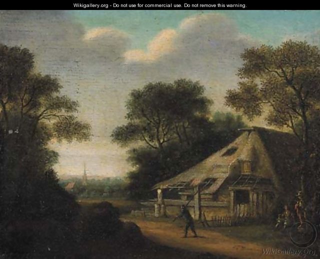 A traveller on a road by a farmhouse, a village beyond - (after) Pieter Jansz. Van Asch