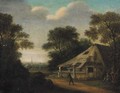 A traveller on a road by a farmhouse, a village beyond - (after) Pieter Jansz. Van Asch