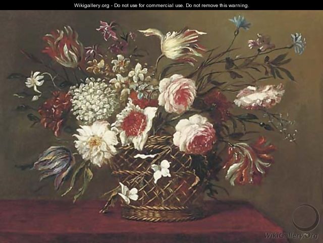 Parrot tulips, narcissi, roses and other flowers in a basket on a table - (after) Pieter Hardime