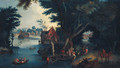 A wooded river landscape with figures boating by a village - (after) Pieter Gysels