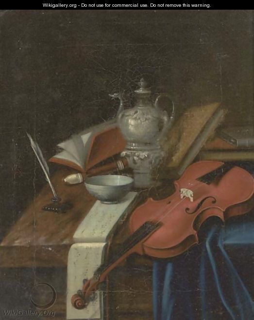 A violin, a recorder, a music score, a quill and ink, a silver teapot and books on a partially draped table - (attr. to) Roestraten, Pieter Gerritsz. van
