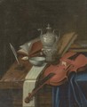 A violin, a recorder, a music score, a quill and ink, a silver teapot and books on a partially draped table - (attr. to) Roestraten, Pieter Gerritsz. van