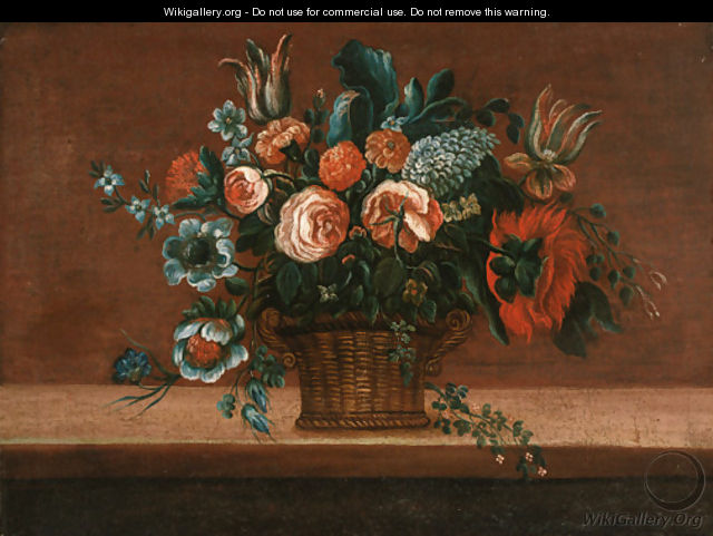Parrot tulips, roses and carnations in a basket on a stone ledge - (after) Pieter Gaspar Verburggen II
