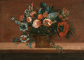 Parrot tulips, roses and carnations in a basket on a stone ledge - (after) Pieter Gaspar Verburggen II