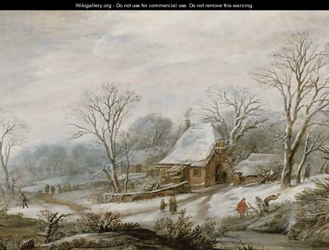 A winter landscape with figures by a cottage - (after) Pieter Dircksz. Santvoort