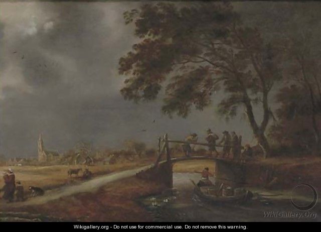 A stormy landscape with travellers on a bridge, a boat passing by and a woman with children on a path, a village beyond - (after) Pieter Molijn