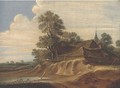 A landscape with a farm and farmhands; and A riverside town with fishermen in a boat and a windmill beyond - (after) Pieter Molijn