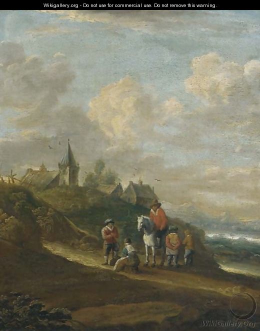 A dune landscape with peasants resting on a track, a town beyond - (after) Pieter Molijn