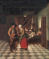 An interior with a soldier paying a servant - (after) Pieter De Hooch
