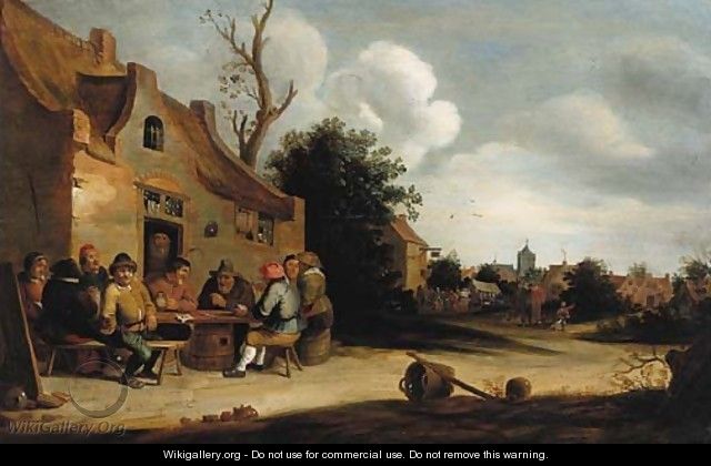Peasants smoking and drinking outside an inn, a village in the distance - (after) Pieter De Bloot