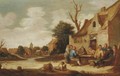 Boors smoking and drinking outside an inn, a village in the distance - (after) Pieter De Bloot