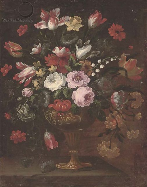 Parrot tulips, roses, narcissi and other flowers in an urn on a ledge - (follower of) Nuzzi, Mario
