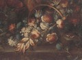 A basket of flowers on a ledge in a clearing - (follower of) Nuzzi, Mario