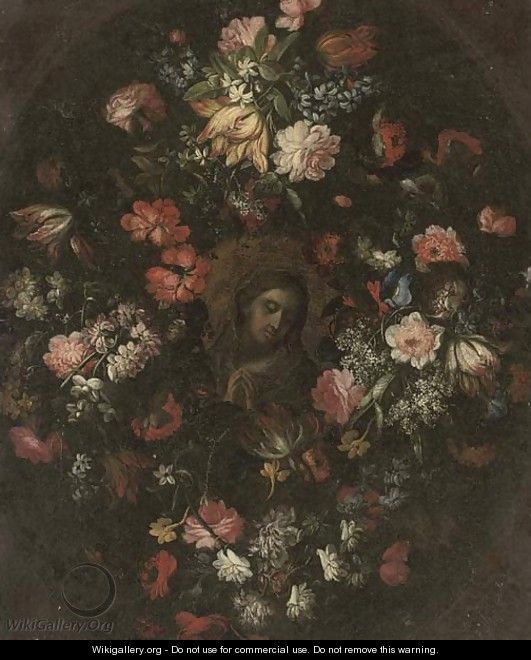 The Madonna at prayer in a floral cartouche - (follower of) Nuzzi, Mario