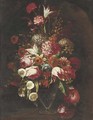 Parrot tulips, roses, narcissi, hydrangeas, convolvulus and other flowers in a glass vase in a niche - (follower of) Nuzzi, Mario