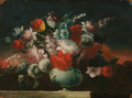 Roses, tulips, peonies and other flowers in a vase on a stone ledge - (follower of) Nuzzi, Mario