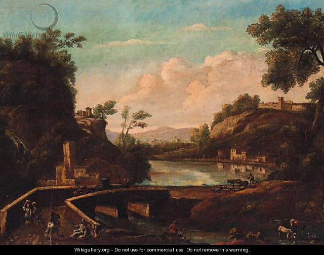 An Italianate river landscape with travellers and a drover crossing a bridge - (after) Marco Ricci