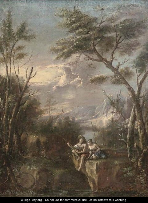 A wooded river landscape with figures fishing on a cliff - (after) Marco Ricci