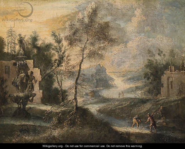 A River Landscape with Fisherman on a Bank near a Fountain - (after) Marco Ricci