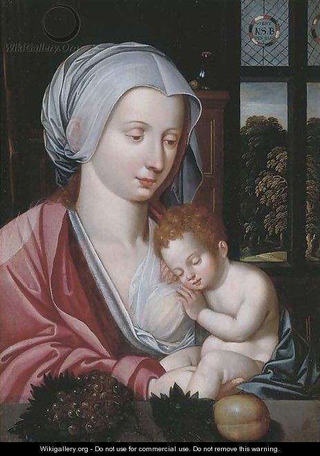 The Virgin and Child in an interior, a landscape beyond - (after) Marcellus Coffermans