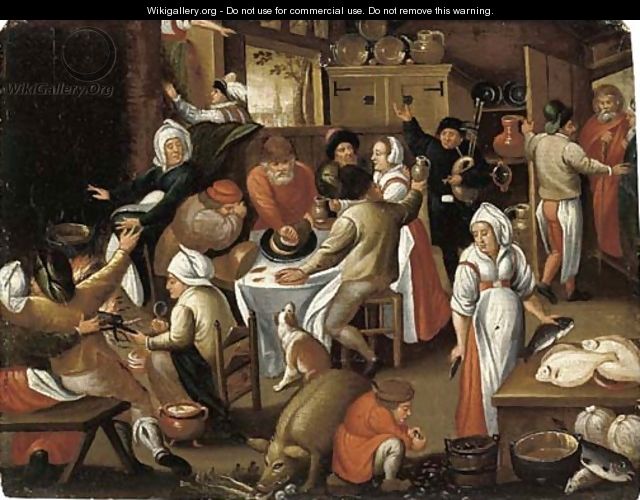 Peasants feasting and making music in an inn - (after) Marten Van Cleve