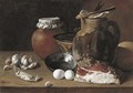 Ham, eggs, cloves of garlic, bread, terracotta pots and a frying pan on a wooden ledge - (after) Luis Eugenio Melendez