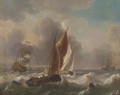 A Dutch man-o'-war and other shipping in choppy seas - (after) Ludolf Backhuysen