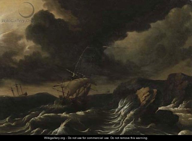 Dutch three-masters off a rocky coast in a gale - (after) Ludolf Backhuysen