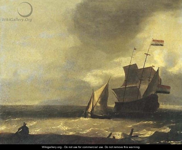 A fisherman on the beach watching a three-master and a smalschip in a gale - (after) Ludolf Backhuysen