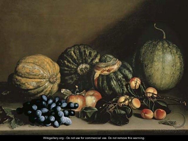 Melons, apricots, grapes and apples on a stone ledge - (after) Michelangelo Merisi Da Caravaggio