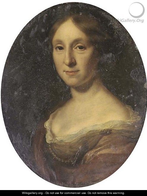 Portrait of a lady, bust-length, in a brown dress and pearl necklace - (after) Dahl, Michael