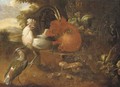 Cockerels on a stone block with a lapwing in a wooded landscape - (after) Melchior De Hondecoeter