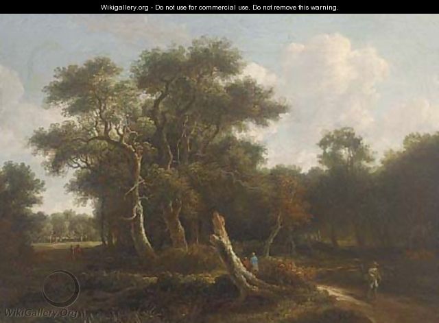 A wooded landscape with travellers on a path - (after) Meindert Hobbema