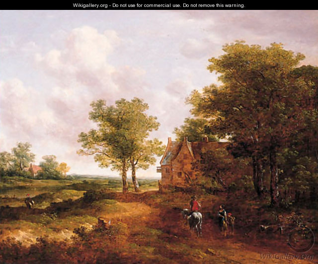 A traveller conversing with a peasantwoman on a track by an inn - (after) Meindert Hobbema