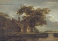 A landscape with a cottage and a traveller by a river - (after) Meindert Hobbema