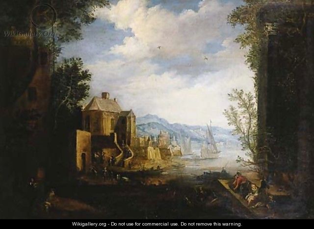 Merchants and townsfolk on a quay in a Mediterranean harbour - (after) Matthys Schoevaerdts
