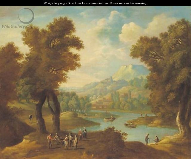 A rocky wooded landscape with peasants conversing on a track - (after) Mathys Schoevaerts
