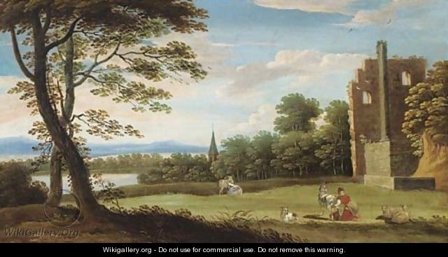 A wooded landscape with classical ruins, a milkmaid with goats and a lake beyond - (after) Marten Ryckaert