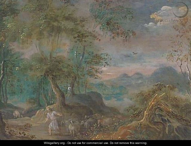 A landscape with a shepherd and his flock on a track - (after) Marten Ryckaert