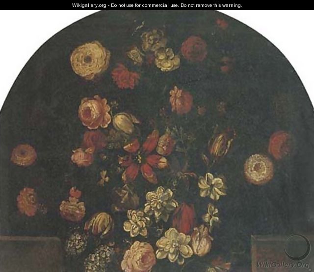 Roses, tulips and other flowers in an urn on a ledge - (follower of) Nuzzi, Mario