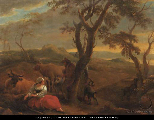 A peasantwoman resting at the foot of a tree in an Italianate landscape, at sunset - (after) Nicolaes Berchem
