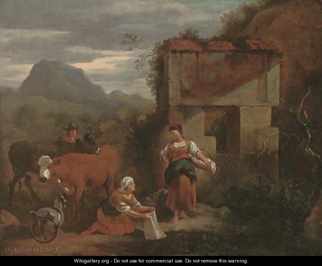 Peasants with cattle, a mountainous landscape beyond - (after) Nicolaes Berchem