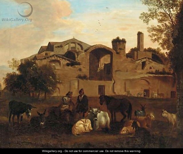 An Italianate landscape with shepherds and livestock before an Italianate town - (after) Nicolaes Berchem