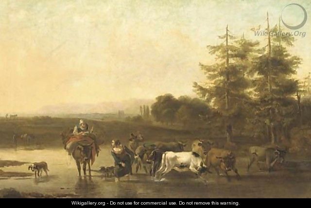 An Italianate landscape with drovers fording a river - (after) Nicolaes Berchem