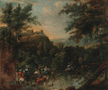 An extensive landscape with a hunting party and drovers watering cattle at a stream, a hilltop village beyond - (after) Nicolaes Berchem