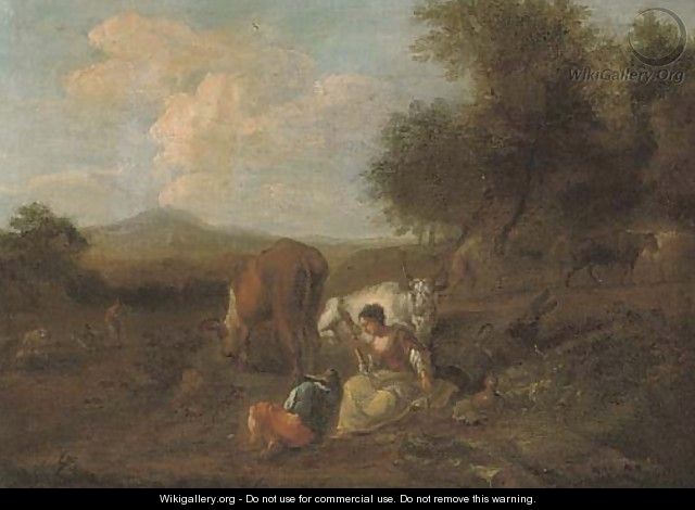 A wooded landscape with figures and cattle at rest, a ploughman beyond - (after) Nicolaes Berchem
