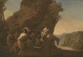 A rocky river landscape with travellers in the foreground - (after) Nicolaes Berchem